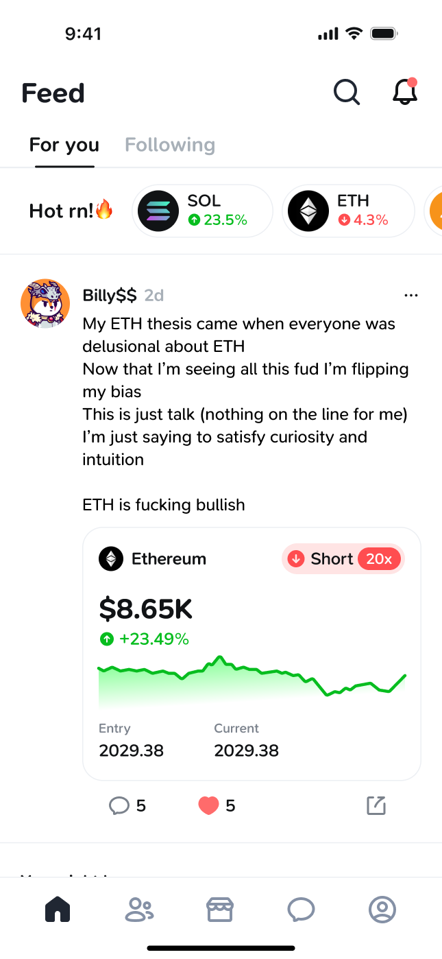 Oni home feed showing a trader's post with a verified Ethereum short position, live PnL chart, and engagement actions